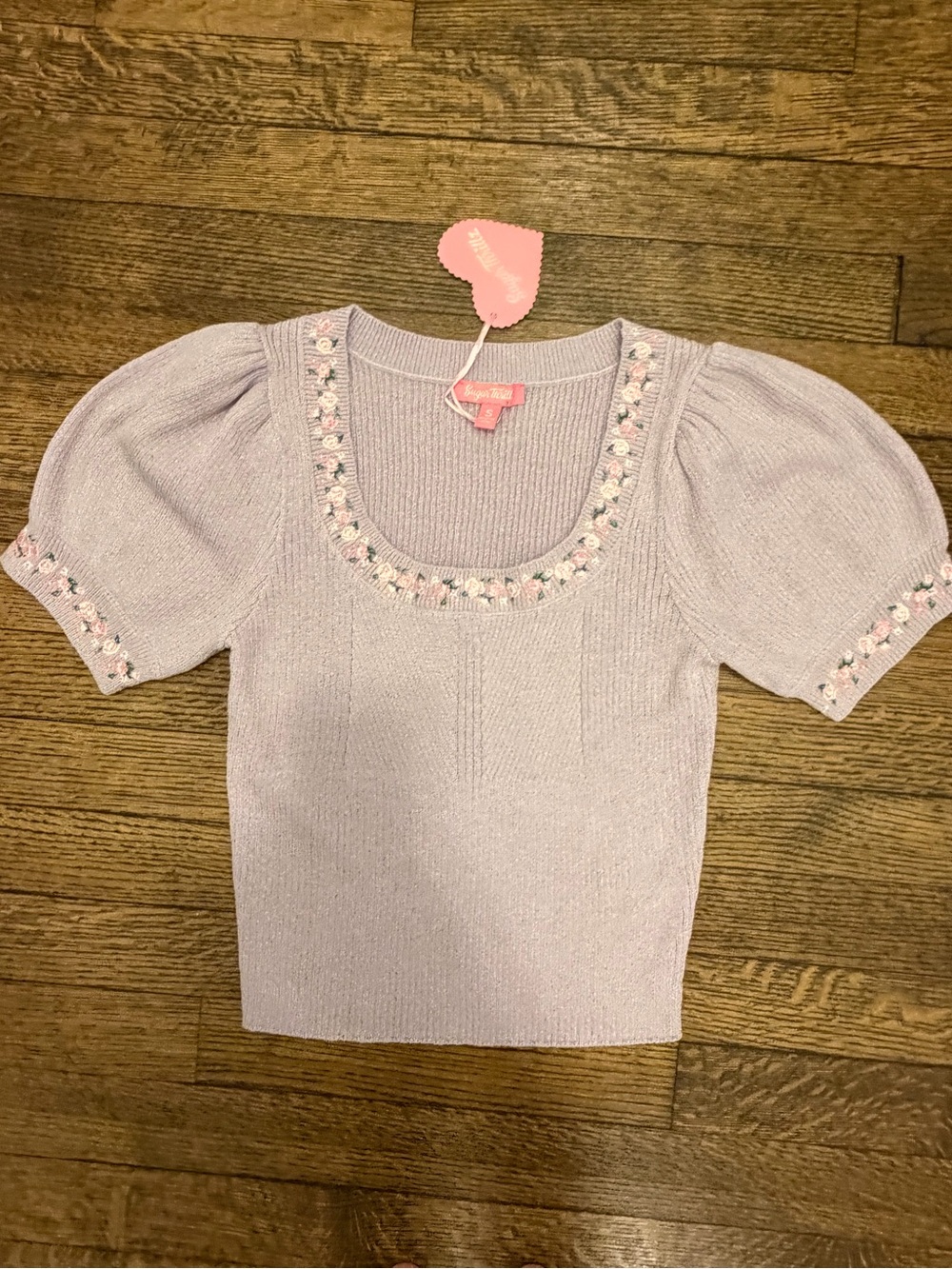 Sugar Thrillz Lavender Knit Top with floral embroidery